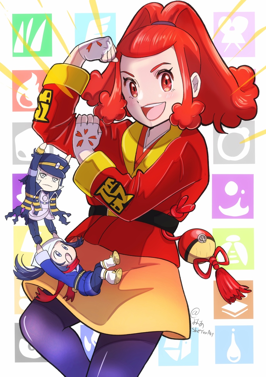 1boy 2girls :d :o absurdres akari_(pokemon) arms_up black_hat black_jacket black_pants blue_eyes blue_hair blue_kimono blue_pantyhose chibi chibi_inset commentary_request eyelashes galaxy_expedition_team_survey_corps_uniform gloves hand_on_own_arm hat headscarf highres hisuian_poke_ball ingo_(pokemon) jacket japanese_clothes kimono long_sleeves medium_hair multiple_girls nintendo obi open_clothes open_jacket open_mouth pants pantyhose pink_lips poke_ball pokemon pokemon_legends:_arceus ponytail red_eyes red_hair red_kimono red_scarf sash scarf sheyona shirt short_hair sidelocks smile socks solo_focus teeth torn_clothes torn_jacket upper_teeth_only white_eyes white_gloves white_hair white_headscarf white_shirt white_socks zisu_(pokemon)