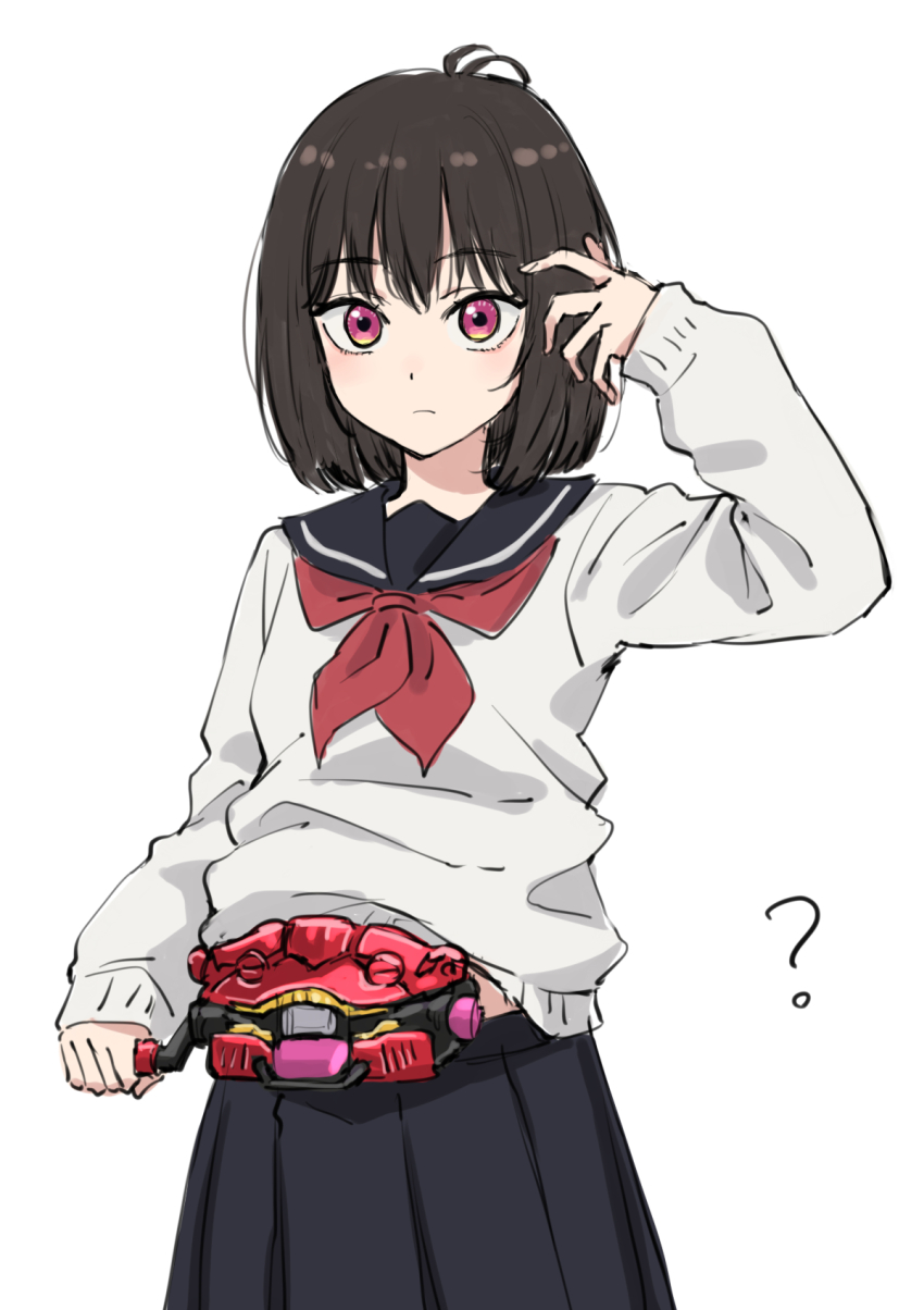 1girl ? antenna_hair arm_up black_hair black_sailor_collar black_skirt closed_mouth copyright_request grey_shirt highres kamen_rider kamen_rider_gavv_(series) long_sleeves neckerchief osanai_yuki pleated_skirt puffy_long_sleeves puffy_sleeves red_eyes red_neckerchief rider_belt sailor_collar school_uniform serafuku shirt short_hair shoushimin_series simple_background skirt sleeves_past_wrists solo somechime_(sometime1209) white_background