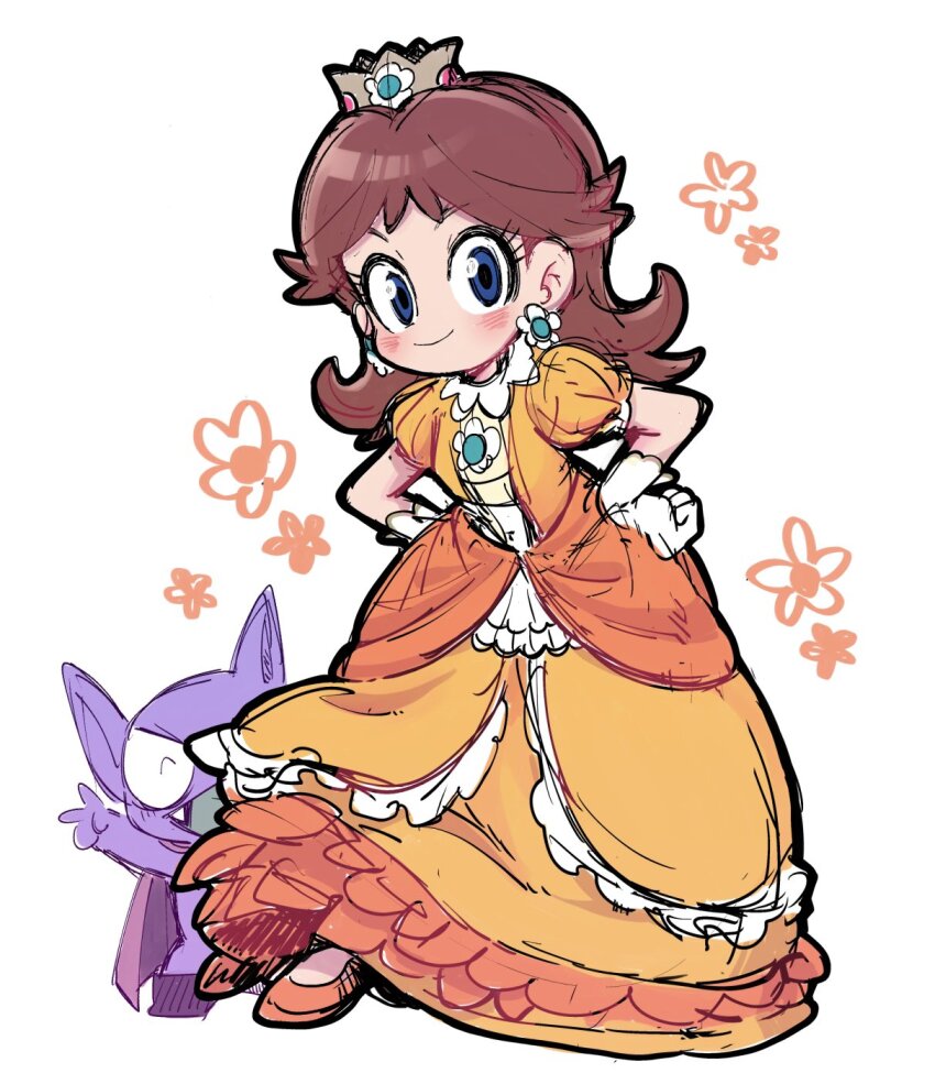 1boy 1girl brown_hair chiyo_(shuten_dj) colored_skin crown dress earrings flower_earrings gloves highres jewelry long_hair looking_at_viewer mario_(series) nintendo orange_dress orange_shoes princess_daisy purple_skin shoes simple_background smile super_mario_land tatanga white_background white_gloves