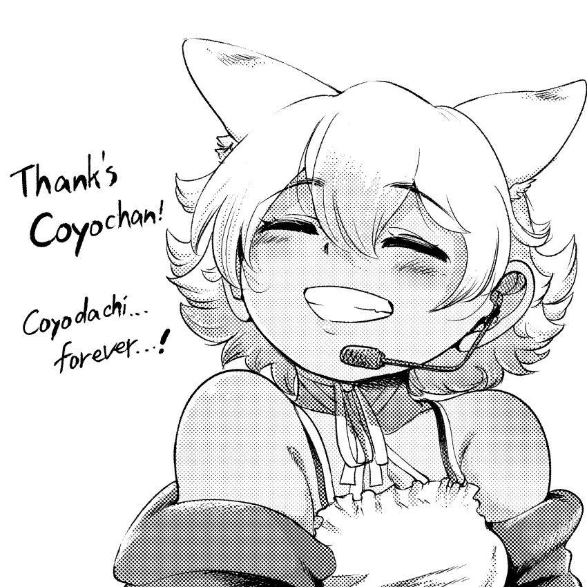 1girl animal_ears bare_shoulders camisole coyote_(kemono_friends) extra_ears highres jacket kemono_friends kemono_friends_v_project looking_at_viewer mcgunngu microphone monochrome neck_ribbon ribbon short_hair simple_background smile solo upper_body virtual_youtuber wolf_ears wolf_girl