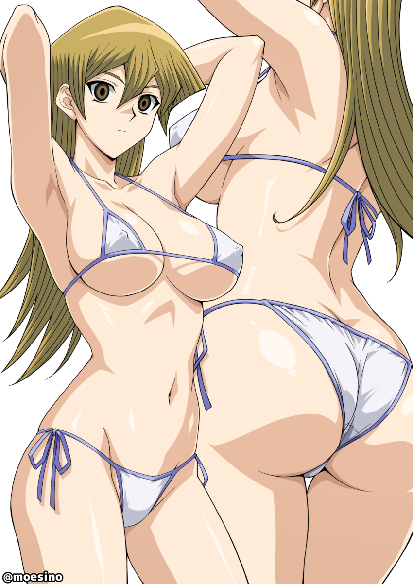 1girl ass bikini blonde_hair breasts brown_eyes butt_crack cosplay cowboy_shot empty_eyes hair_between_eyes head_out_of_frame hypnosis large_breasts long_hair looking_at_viewer micro_bikini mind_control moeshino multiple_views side-tie_bikini_bottom simple_background swimsuit tenjouin_asuka twitter_username white_background white_bikini yu-gi-oh! yu-gi-oh!_gx