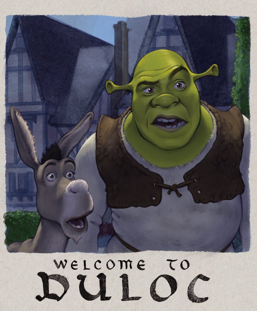 1boy bald brown_eyes brown_vest colored_skin cropped_vest donkey donkey_(shrek) english_text green_skin grey_fur highres jenna_drawing open_mouth polaroid_photo scene_reference shirt shrek shrek_(series) shrek_1 teeth vest white_shirt