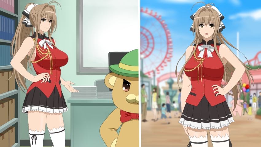 1girl amagi_brilliant_park bare_arms bare_shoulders blurry breasts brown_eyes brown_hair cottage cowboy_shot day depth_of_field desk facing_viewer ferris_wheel green_headwear hair_intakes hair_ribbon hand_on_own_hip hat high_ponytail highres indoors large_breasts long_hair mascot miniskirt moffle open_mouth outdoors pleated_skirt ponytail red_neckwear ribbon ribbon-trimmed_legwear ribbon_trim sento_isuzu shirt skirt sky sleeveless sleeveless_shirt smile standing tagme thighhighs white_neckwear white_thighhighs zettai_ryouiki