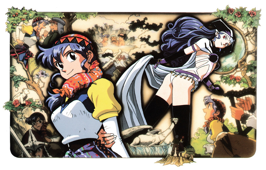 1990s_(style) 1boy 4girls alex_noah althena angry black_thighhighs blue_hair branch clenched_hand dress earrings face-to-face flower grin harp hat helmet holding holding_sword holding_weapon instrument jessica_de_alkirk jewelry kyle_(lunar) long_hair long_sleeves luna_noah lunar lunar:_the_silver_star mia_ausa multiple_girls multiple_views music nall_(lunar) non-web_source official_art onsen playing_instrument retro_artstyle rose shared_bathing smile sword thighhighs towel towel_on_head weapon