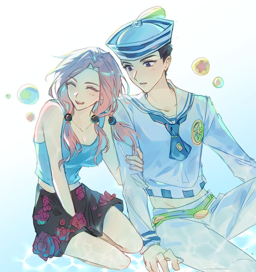 000nannan belt black_hair black_skirt blue_eyes blue_tank_top breasts closed_eyes collarbone commentary commentary_request compass_rose dixie_cup_hat flower flower_ornament green_belt hair_bobbles hair_ornament hat higashikata_josuke_(jojolion) highres hirose_yasuho jojo_no_kimyou_na_bouken jojolion looking_at_another medium_breasts military_hat multicolored_eyes open_mouth pants pink_hair purple_eyes red_flower red_rose rose sailor sailor_collar sailor_hat shirt skirt soap_bubbles tank_top two-tone_eyes white_hat white_pants white_sailor_collar white_shirt