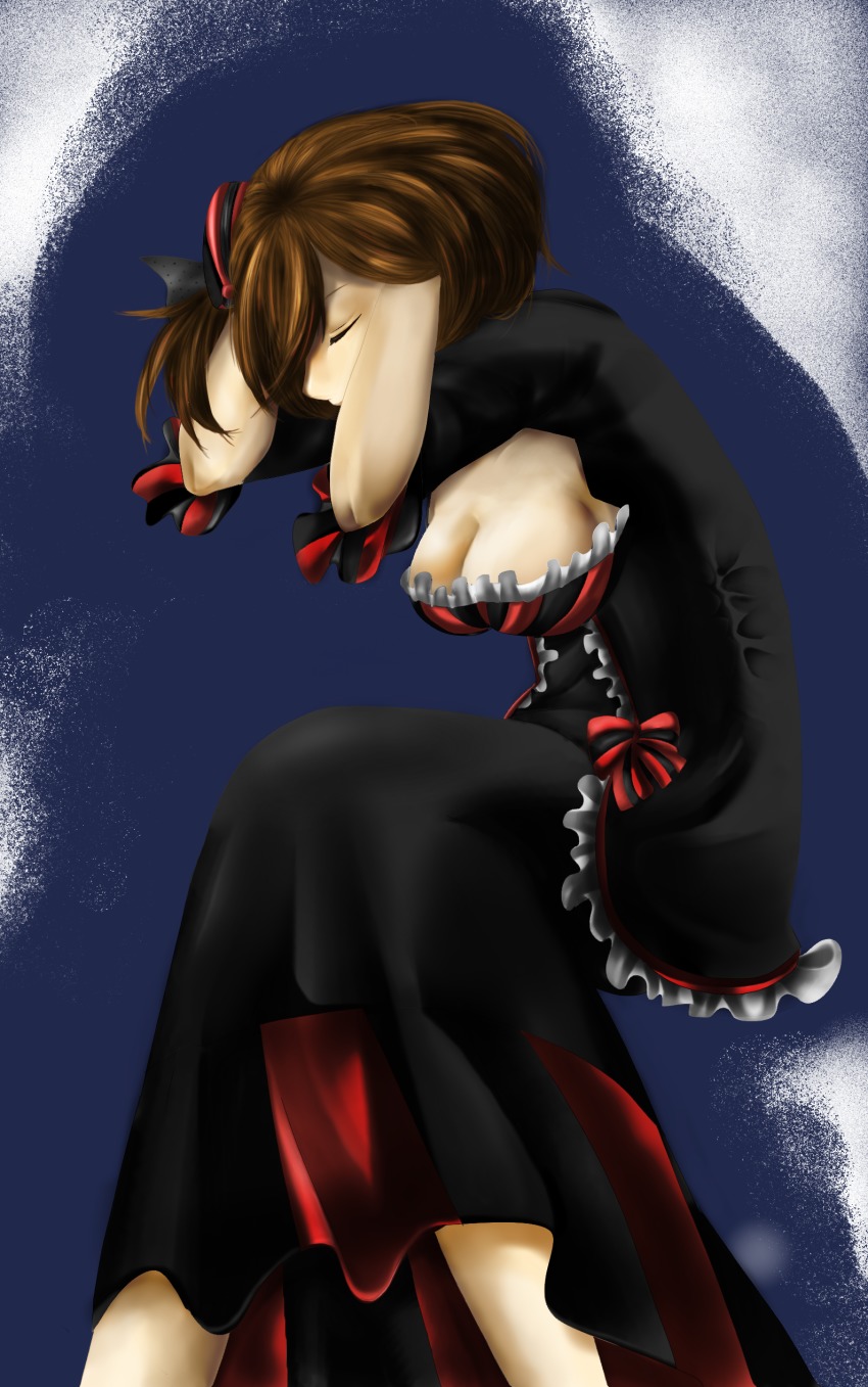 1girl absurdres aosu-chin bad_id bad_pixiv_id blue_background bow breasts brown_hair cleavage closed_eyes dress female_focus frilled_sleeves frills hands_in_own_hair hat highres hobble_dress leaning_forward long_dress lovers_suicide_oblivion_(vocaloid) meiko_(lorelei)_(vocaloid) meiko_(vocaloid) mini_hat project_diva_(series) project_diva_extend short_hair sitting solo striped_bow vocaloid