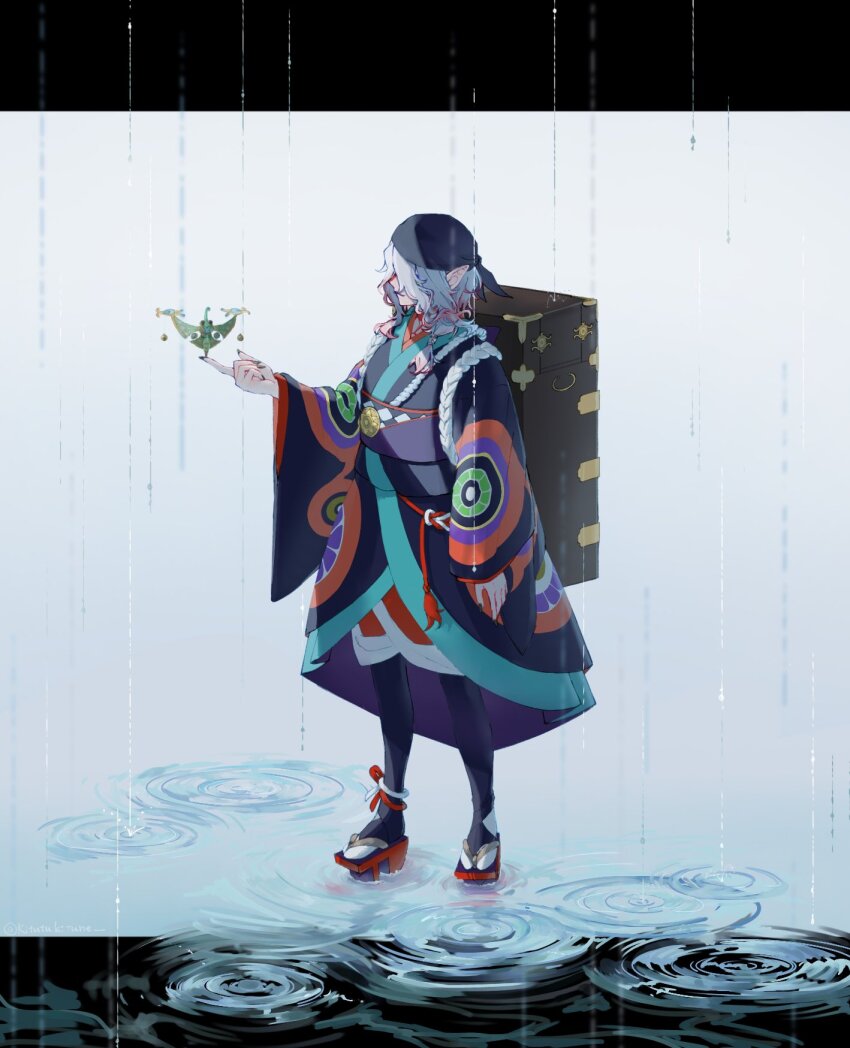 1boy bandana black_bandana briefcase full_body gekijouban_mononoke geta highres japanese_clothes kimono kitutukitune kusuriuri_(gekijouban_mononoke) male_focus medium_hair mononoke multicolored_hair orange_hair pointy_ears purple_kimono rain scale_(mononoke) solo standing two-tone_hair white_hair wide_sleeves