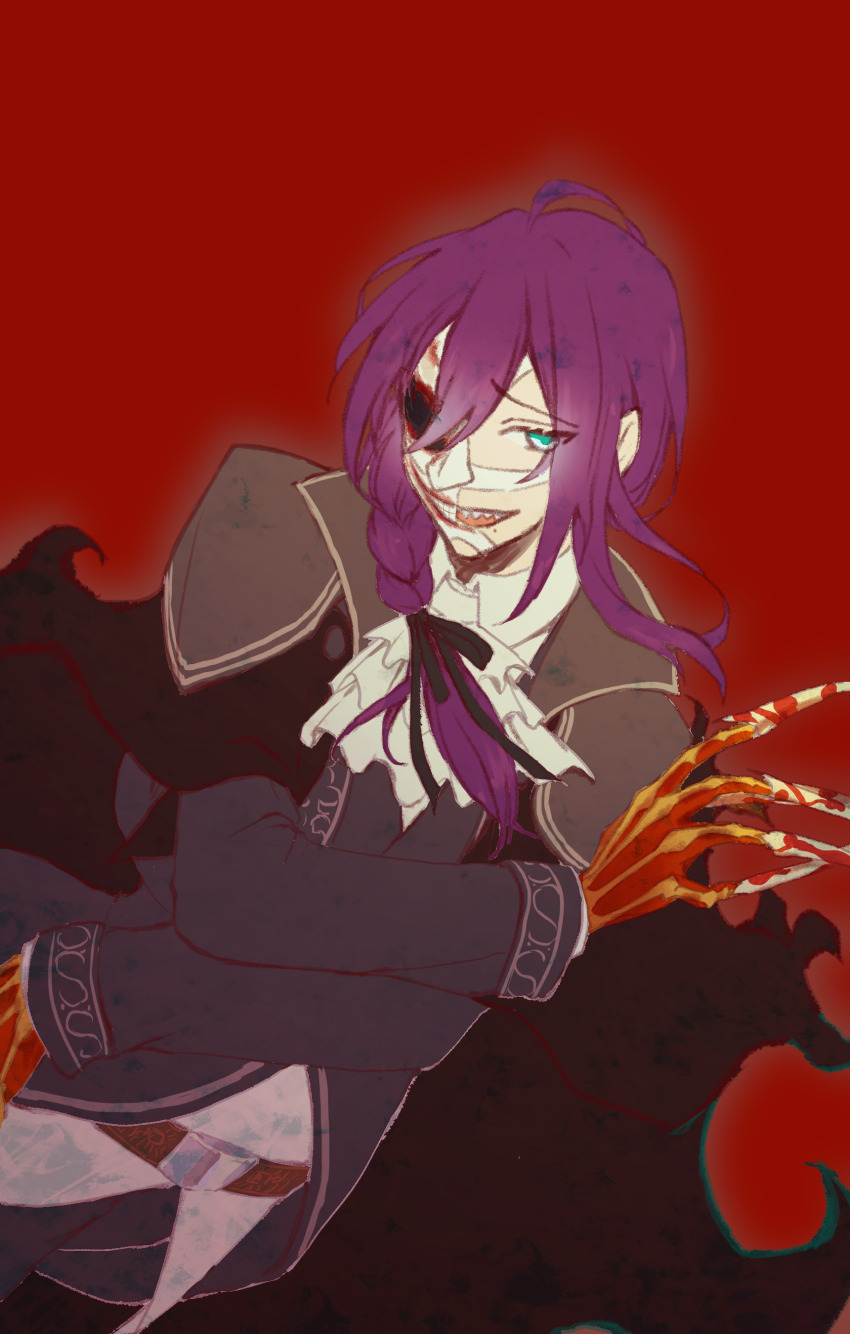 absurdres aqua_eyes ascot ayase_mayoi bandage_on_face bandages black_cape black_jacket black_ribbon braid cape cosplay ensemble_stars! fate/grand_order fate_(series) hair_ribbon highres jacket karukaru-tatata long_hair mole mole_under_mouth open_mouth phantom_of_the_opera_(fate) phantom_of_the_opera_(fate)_(cosplay) purple_hair red_background ribbon sharp_teeth simple_background smile teeth white_ascot