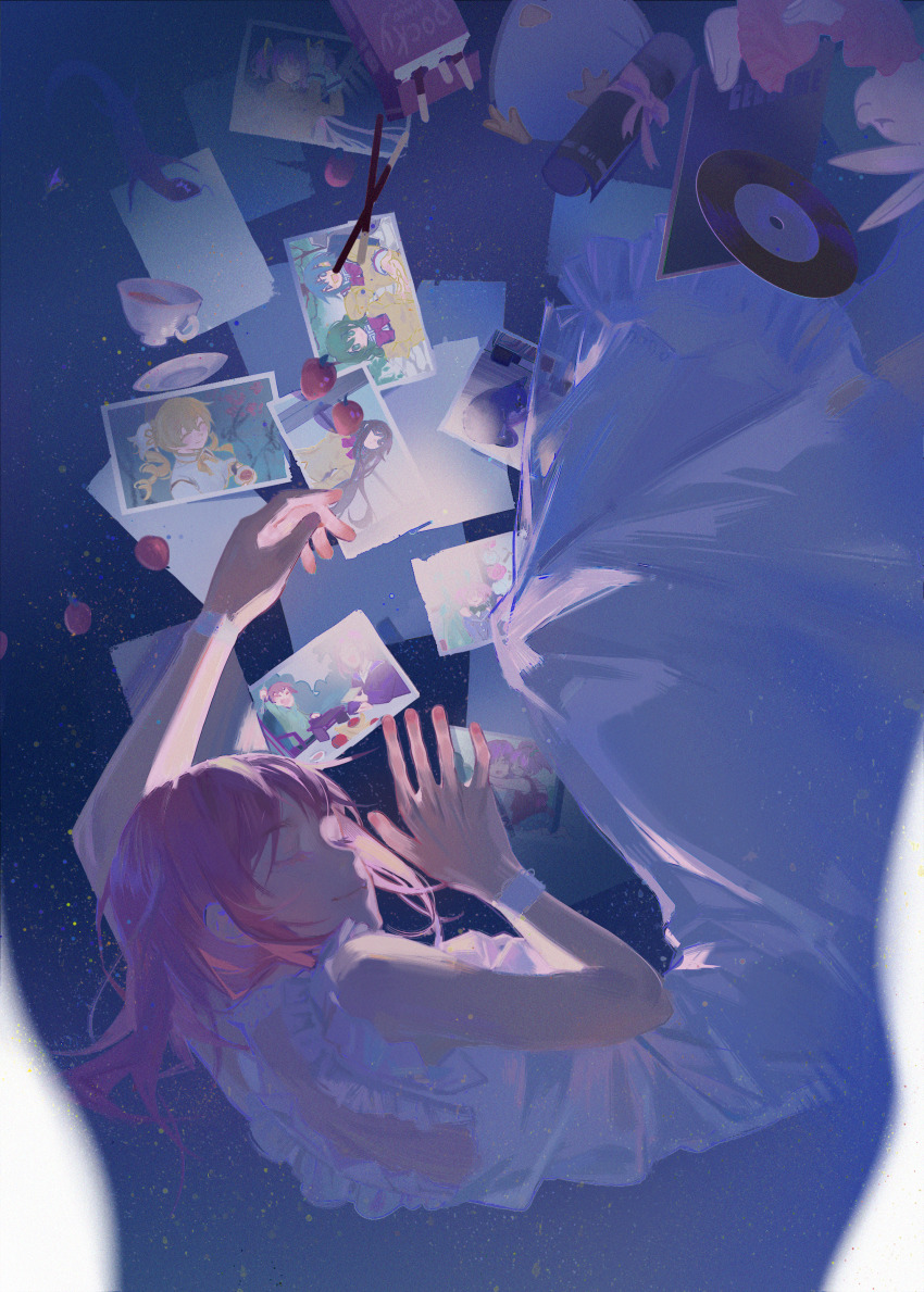 1girl absurdres akemi_homura bare_shoulders blonde_hair closed_eyes dress highres kaname_madoka mahou_shoujo_madoka_magica photo_(object) pink_hair sleeping solo tomoe_mami white_dress yellow_eyes zgxuke
