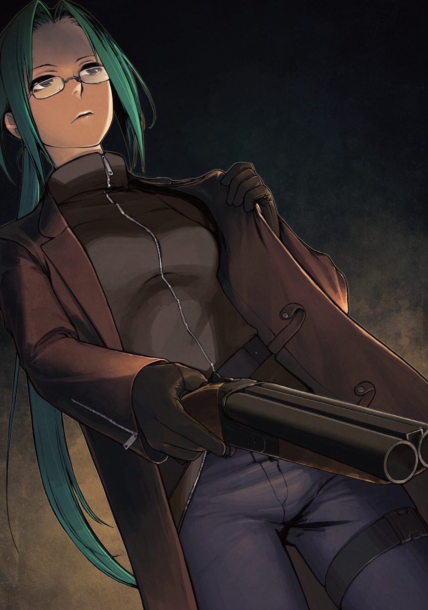 1girl black_eyes black_gloves brown_coat chuuou_higashiguchi coat denim double-barreled_shotgun glasses gloves green_hair gun highres holding holding_gun holding_weapon injury jeans long_hair long_sleeves looking_at_viewer makeup nitroplus non-web_source official_art outstretched_arm pants rimless_eyewear sawed-off_shotgun saya_no_uta shirt short_hair shotgun smile solo stab tanbo_ryouko trench_coat weapon zipper_pull_tab