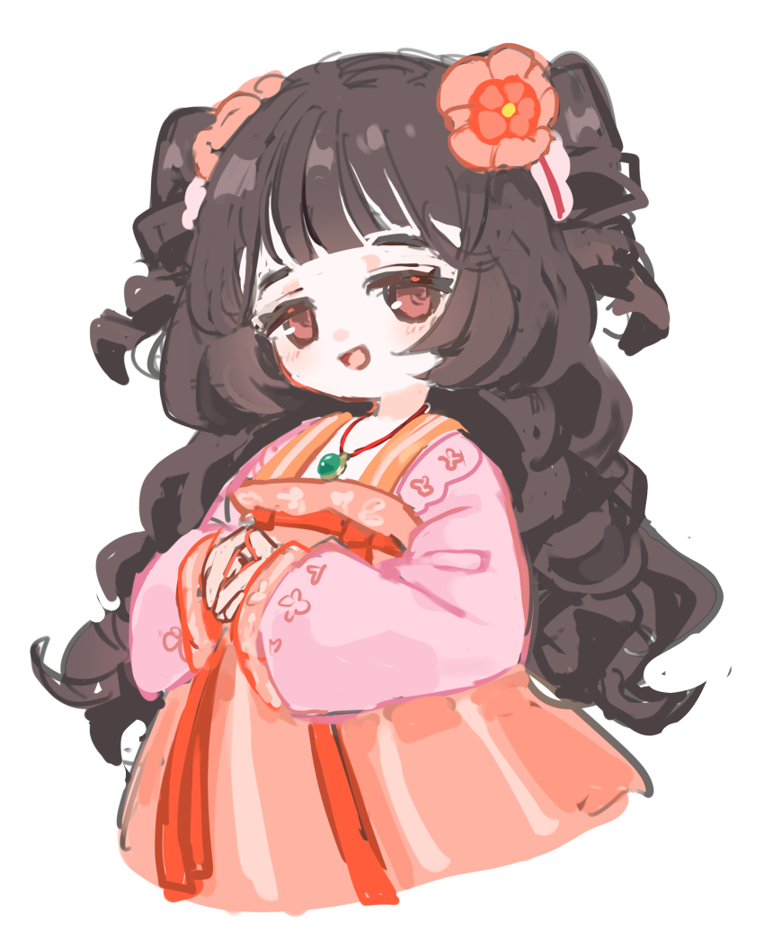 1girl :d absurdres brown_eyes brown_hair chinese_clothes flower hair_flower hair_ornament half_updo hanfu highres jewelry limbus_company long_hair long_sleeves looking_at_viewer necklace open_mouth orange_flower orange_hanfu pink_robe pink_sleeves project_moon robe sac_0120 simple_background smile solo twintails upper_body white_background xue_baochai_(project_moon)