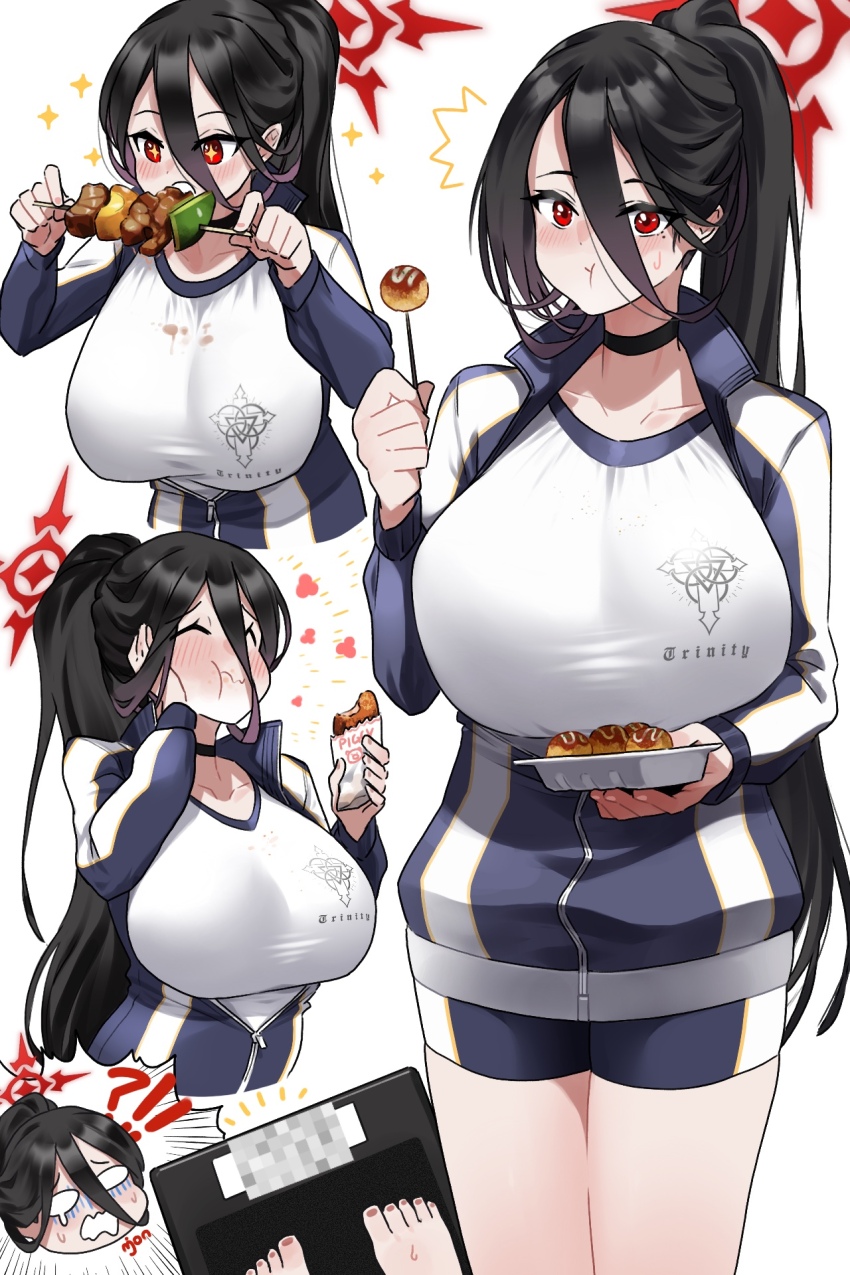 !? 1girl black_hair black_wings blue_archive blue_jacket blue_shorts blush breasts choker closed_mouth collarbone eating feathered_wings food hair_between_eyes halo hasumi_(blue_archive) hasumi_(track)_(blue_archive) high_ponytail highres huge_breasts jacket long_hair long_sleeves looking_at_viewer low_wings mole mole_under_eye monkey_jon multiple_views open_mouth ponytail red_eyes shirt shish_kebab short_shorts shorts skewer smile sparkle sparkling_eyes takoyaki tearing_up very_long_hair weighing_scale white_shirt wings