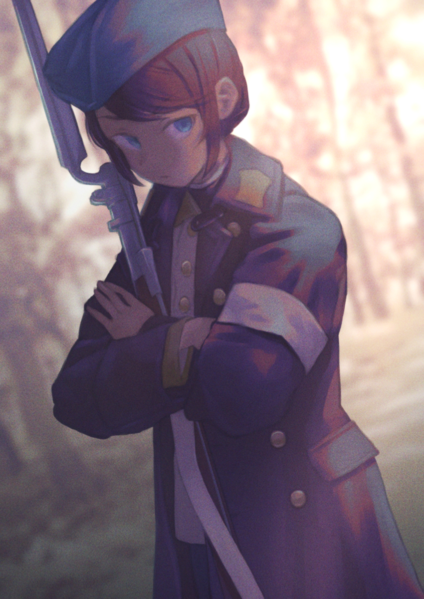 1girl absurdres antique_firearm armband bayonet blue_eyes blue_pants brown_coat brown_hair caplock closed_mouth coat commentary cowboy_shot crossed_arms film_grain firearm firelock forest garrison_cap germany gun gun_sling hat highres jacket karasumi_(sumizono) long_sleeves looking_at_viewer military military_uniform nature open_clothes open_coat original pants rifle short_hair sidelocks solo weapon white_armband white_jacket