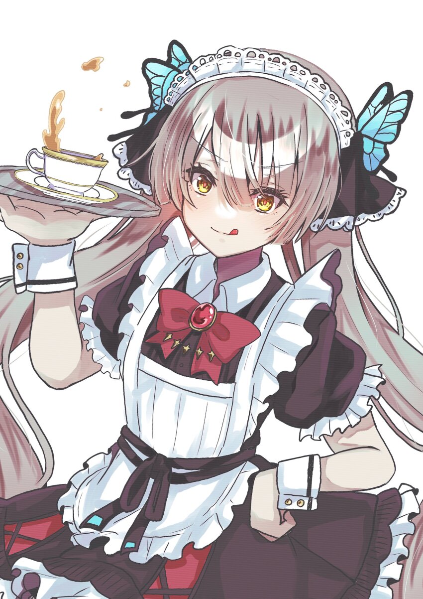 1girl :q alternate_costume apron black_dress cup dress enmaided frilled_apron frills heaven_burns_red highres long_hair maid maid_apron maid_headdress ogasawara_hisame ponytail puffy_sleeves ribbon siromochino teacup tongue tongue_out twintails white_apron white_hair yellow_eyes