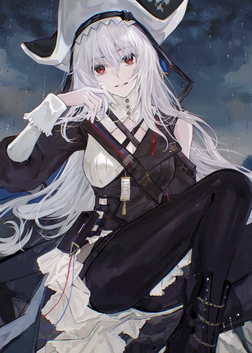 1girl arknights black_hat black_pantyhose breasts chromatic_aberration cleavage cleavage_cutout clothing_cutout hair_between_eyes hat highres light_smile long_hair long_sleeves medium_breasts otiyo outdoors pantyhose parted_lips rain red_eyes solo specter_(arknights) specter_the_unchained_(arknights) two-sided_fabric two-sided_headwear water wet white_hair white_hat