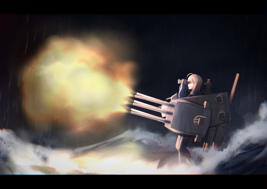 1girl absurdres ahoge autocannon binoculars blonde_hair blue_sweater bofors_40_mm_gun cannon commentary english_commentary firing highres holding holding_binoculars korean_war macayase military missouri_(warship_girls_r) night rigging ship_turret solo sweater warship_girls_r waves