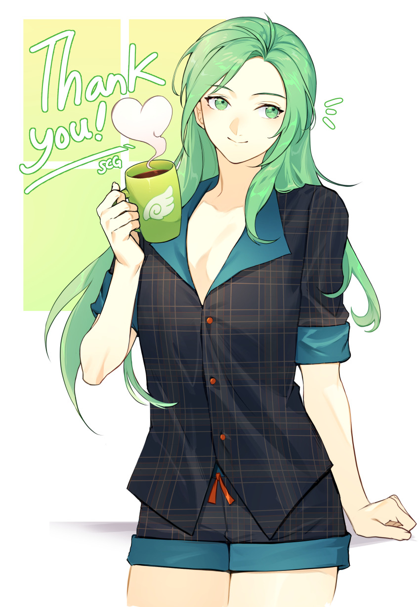 1girl absurdres alternate_costume breasts checkered_clothes cleavage commentary commission contemporary cup english_commentary fire_emblem fire_emblem:_path_of_radiance green_eyes green_hair highres holding holding_cup long_hair medium_breasts mug nephenee_(fire_emblem) nintendo pajamas pixiv_commission silvercandy_gum smile solo thank_you