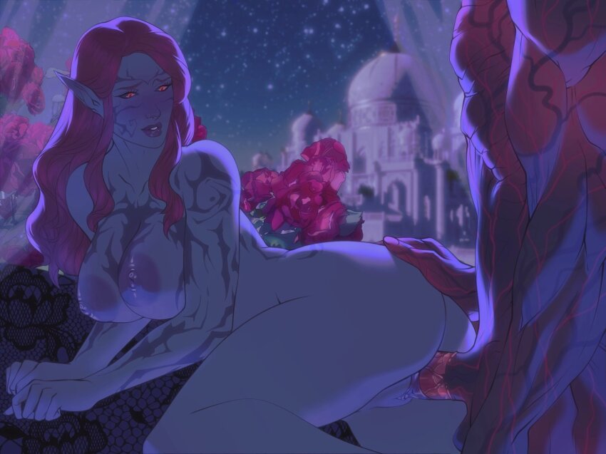 1boy 1girl artis_nsfw breasts colored_skin daedra dark_elf dunmer elf flower grey_skin hetero highres interspecies kralloas large_breasts long_hair looking_back night nilavys nipples nude original penis pointy_ears pussy red_eyes red_flower red_hair sex tattoo the_elder_scrolls uncensored vaginal veins