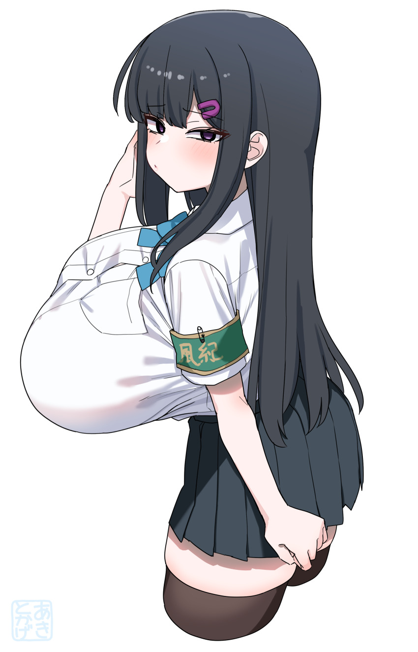 1girl absurdres akitokage armband artist_name black_eyes black_hair black_skirt blue_ribbon breast_pocket breasts brown_thighhighs commentary_request cropped_legs from_side green_armband hair_ornament hairclip hand_in_own_hair hand_up highres huge_breasts impossible_clothes impossible_shirt lace lace_legwear leaning_forward light_blush long_hair looking_at_viewer neck_ribbon nozomi_(akitokage01) original pleated_skirt pocket ribbon school_uniform shirt shirt_tucked_in short_sleeves sidelocks simple_background skindentation skirt solo thighhighs translation_request very_long_hair white_background white_shirt