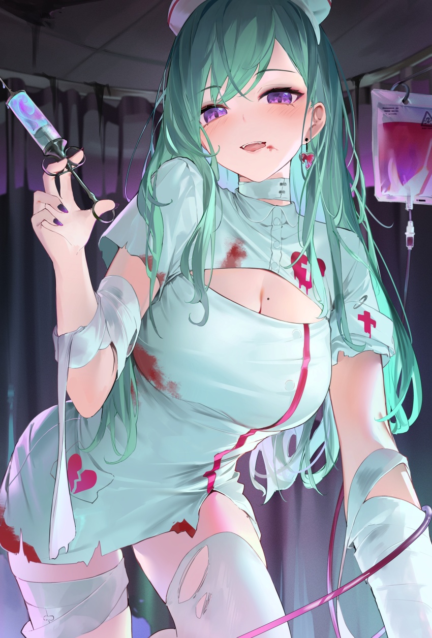 1girl absurdres bandaged_arm bandaged_leg bandaged_neck bandages blood blood_bag blood_on_clothes blood_on_face blush breasts broken_heart_print cleavage cleavage_cutout clothing_cutout dress earrings foreshortening green_hair hair_behind_ear halloween hat heart heart_earrings highres holding holding_syringe hospital intravenous_drip isaya_(pixiv4541633) jewelry large_breasts long_hair looking_at_viewer mole mole_on_breast nurse nurse_cap on_one_knee purple_eyes purple_nails reaching reaching_towards_viewer short_dress short_sleeves single_thighhigh solo swept_bangs syringe thighhighs torn_clothes torn_dress torn_thighhighs virtual_youtuber vspo! white_dress yakumo_beni