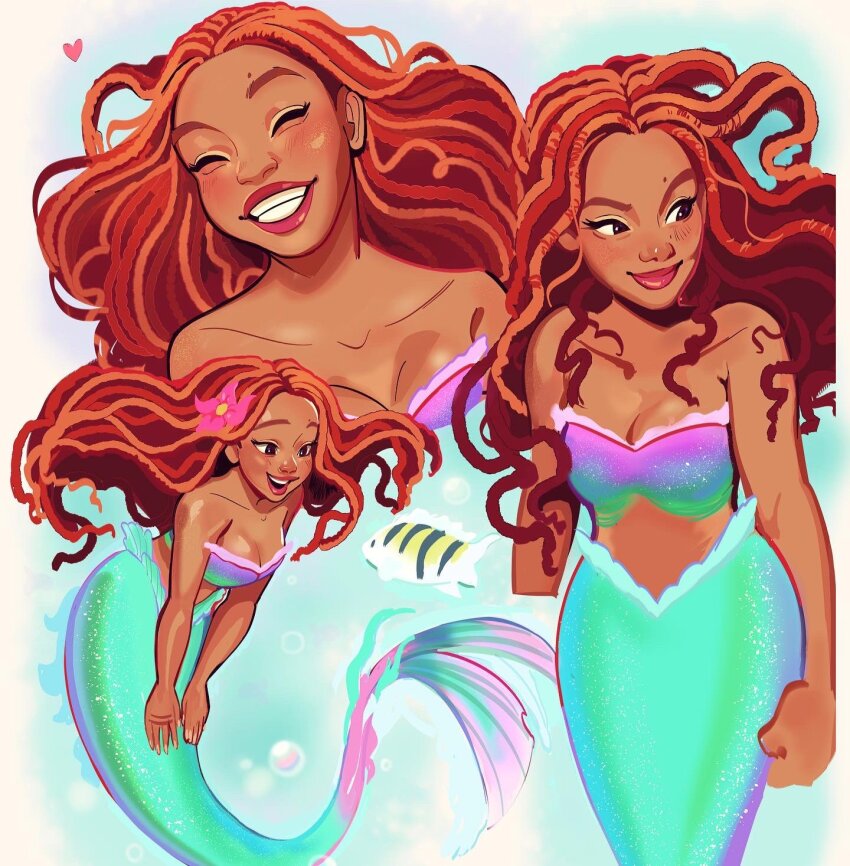 1girl ariel_(disney) bare_shoulders breasts bubble cleavage closed_eyes dreadlocks fins fish fish_tail flounder_(the_little_mermaid) flower fumisketchies grin hair_flower hair_ornament heart highres long_hair medium_breasts mermaid mole mole_on_forehead monster_girl red_hair red_lips smile forked_tail tail the_little_mermaid_(2023) underwater