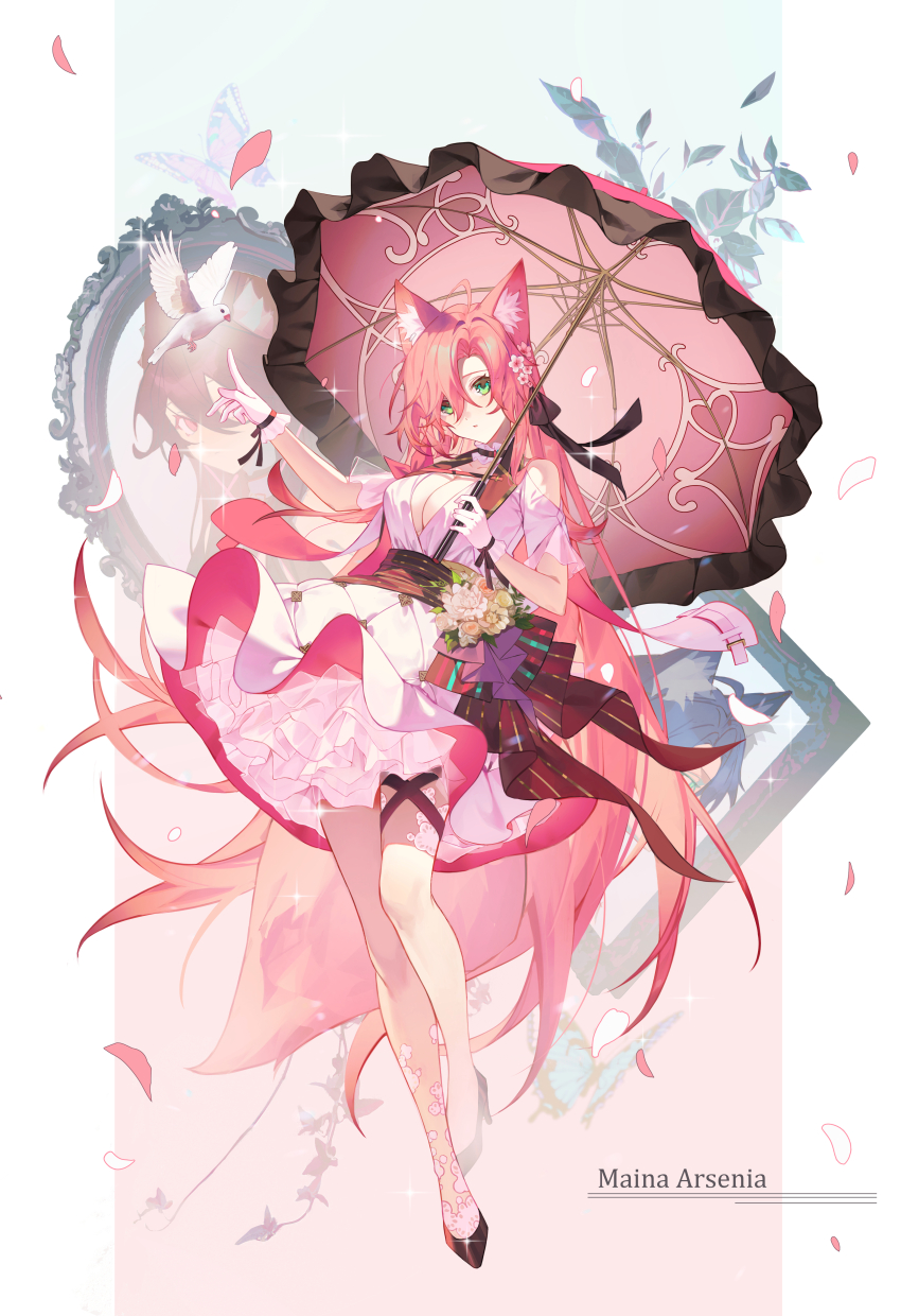 1girl absurdres animal_ears bird border breasts character_name cleavage commentary dove english_commentary fox_ears fox_girl fox_tail gloves green_eyes hand_up highres holding holding_umbrella large_breasts layered_sleeves looking_up original parasol pink_background pink_hair pink_skirt shirt short_sleeves shotgunman skirt standing standing_on_one_leg tail umbrella white_background white_gloves white_shirt