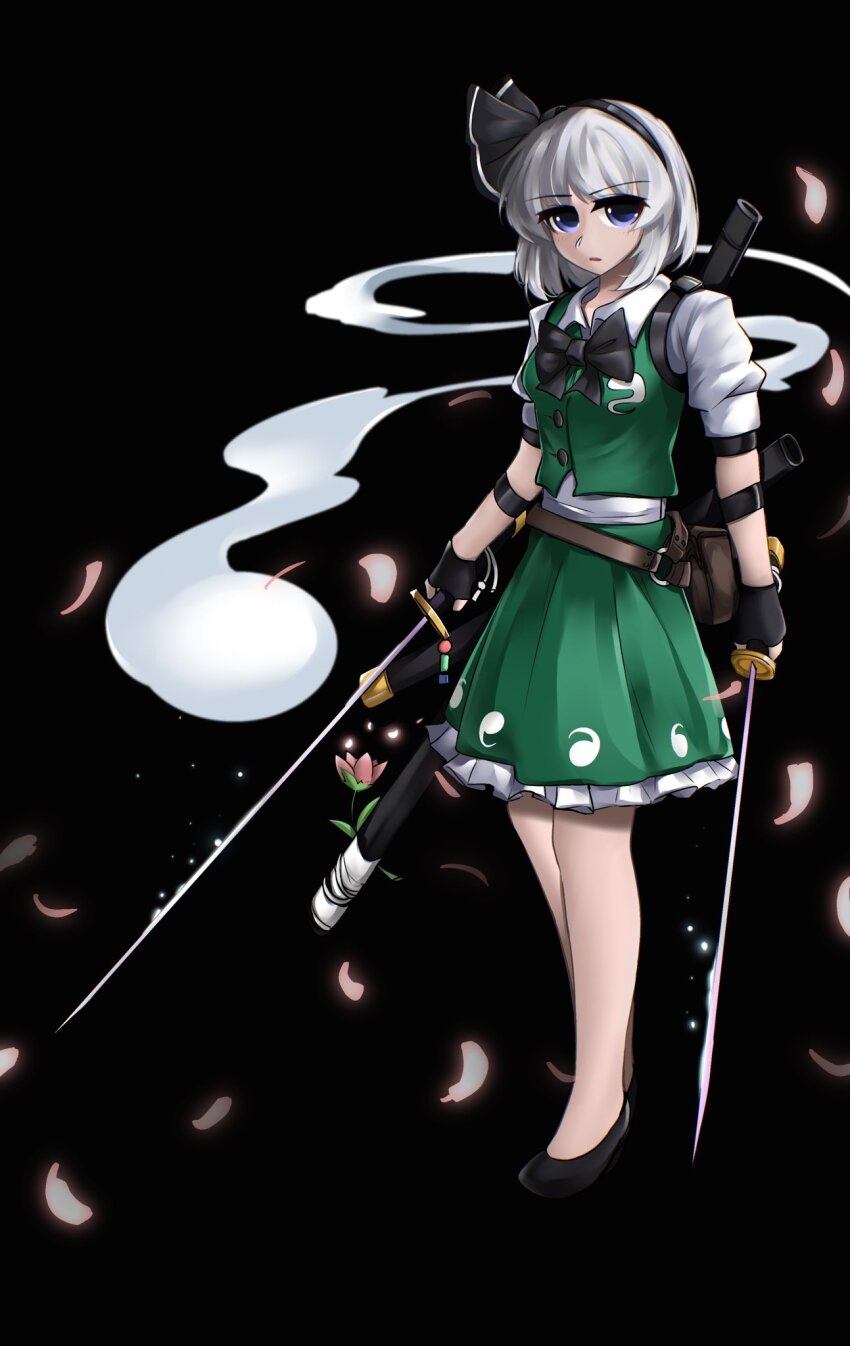 1girl black_background black_bow black_bowtie black_footwear black_gloves black_hairband blue_eyes bow bowtie closed_mouth commentary fingerless_gloves full_body ghost ghost_print gloves green_skirt green_vest grey_hair hairband highres holding holding_sword holding_weapon konpaku_youmu konpaku_youmu_(ghost) looking_at_viewer multiple_swords protected_link simple_background skirt solo statisticstater sword touhou vest weapon