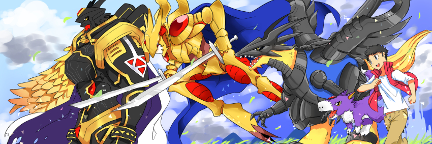 alphamon alphamon_ouryuken cape digicore digimon digimon_(creature) dragon dual_wielding evolutionary_line grademon highres holding jacket original raptordramon sword weapon wings