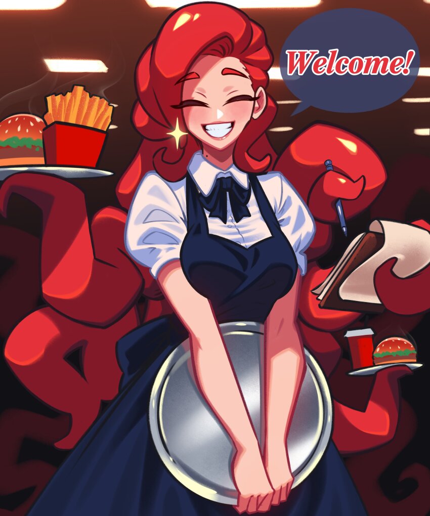 1girl absurdres black_dress breasts burger closed_eyes commentary cowboy_shot cup disposable_cup dress english_commentary food french_fries grin highres holding holding_pen holding_tray large_breasts loen long_hair mole mole_on_neck notepad original pen prehensile_hair red_hair smile solo steam tentacle_hair tray very_long_hair waitress