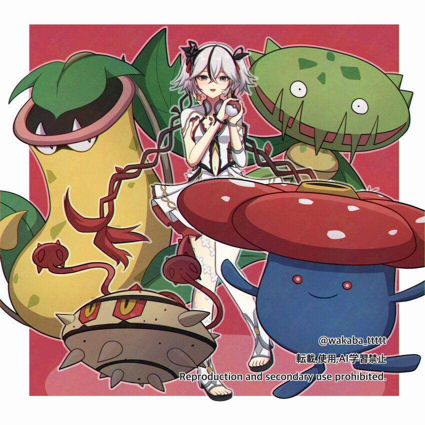 0roshioji3ran 1girl alternate_color black_eyes black_flower blake_bloom_(wuthering_waves) border breasts camellya_(wuthering_waves) carnivine clothing_cutout collar commentary_request crossover dress ferrothorn flower game_freak gen_1_pokemon gen_4_pokemon gen_5_pokemon hair_between_eyes hair_flower hair_ornament hair_vines highres holding holding_poke_ball looking_at_viewer navel nintendo pantyhose poke_ball pokemon pokemon_(creature) red_background shiny_pokemon short_hair single_leg_pantyhose small_breasts smile solo stomach_cutout toes victreebel vileplume white_border white_collar white_dress white_pantyhose wuthering_waves
