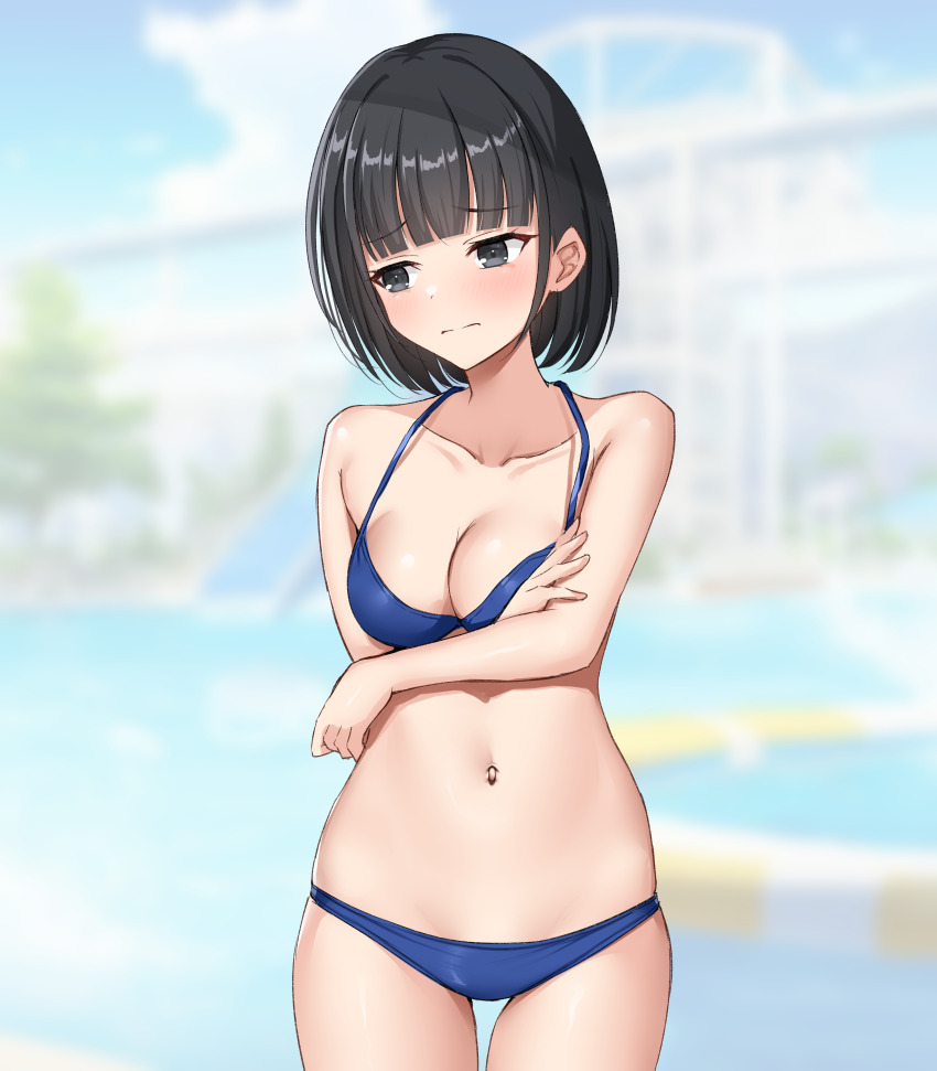 1girl absurdres bikini black_eyes black_hair blue_bikini blue_sky blunt_bangs breasts cleavage cloud cowboy_shot day embarrassed faceless faceless_male highres medium_breasts navel nia_(kztk7525) original outdoors short_hair sideways_glance sky solo standing swimsuit thigh_gap waterpark
