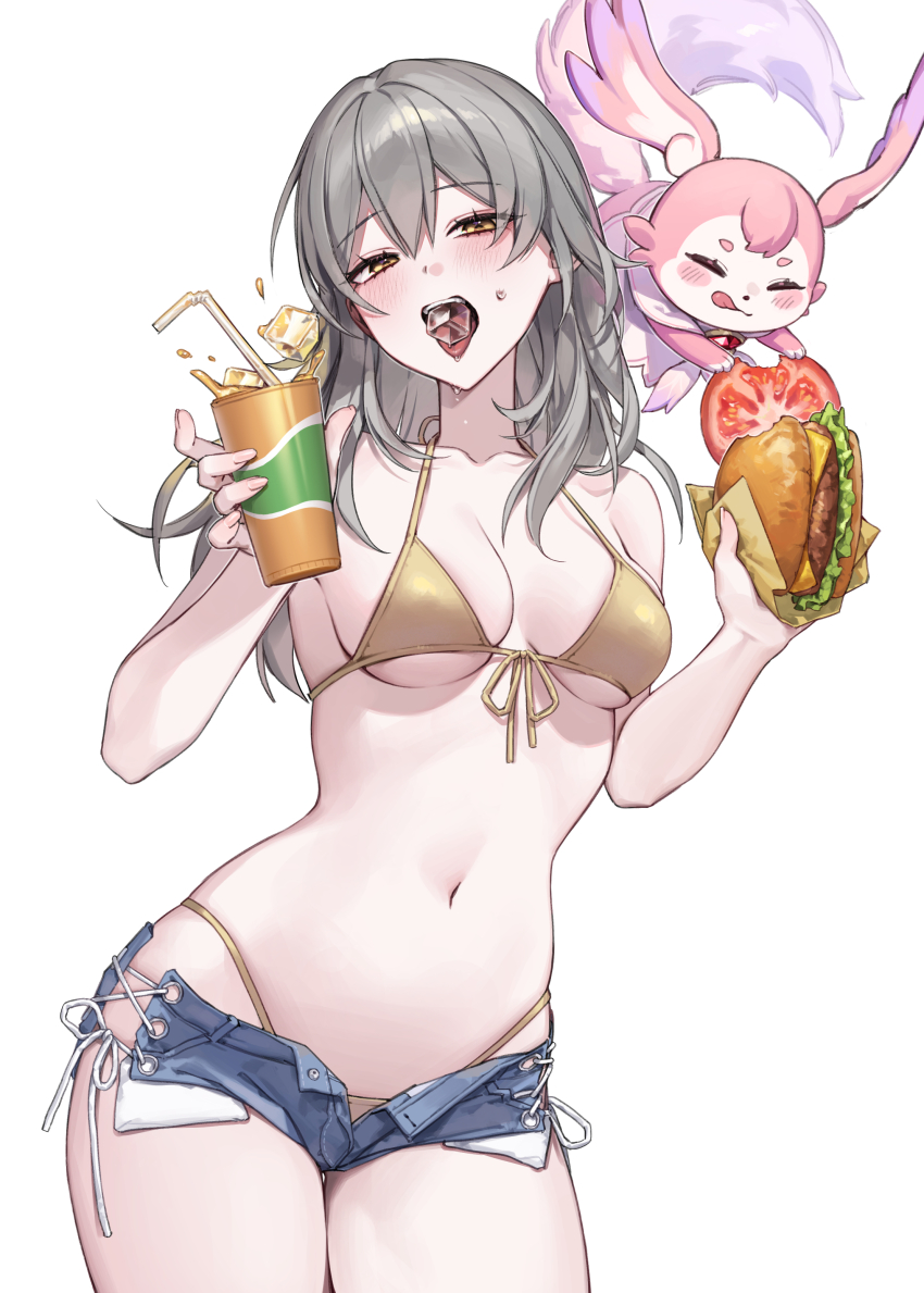 1girl absurdres bare_shoulders bikini blush breasts burger collarbone commentary_request cowboy_shot denim denim_shorts drink drinking_straw food front-tie_bikini_top front-tie_top grey_hair halterneck highres holding holding_burger holding_drink holding_food honkai:_star_rail honkai_(series) ice ice_cube korean_commentary long_hair looking_at_viewer medium_breasts mem_(honkai:_star_rail) navel open_fly open_mouth raki_kr short_shorts shorts simple_background stelle_(honkai:_star_rail) stomach swimsuit thighs trailblazer_(honkai:_star_rail) white_background yellow_bikini yellow_eyes