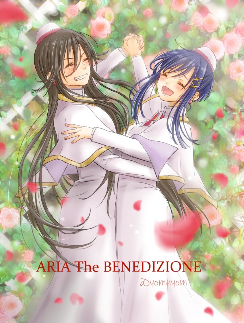 2girls aika_granzchesta akira_ferrari aria_(manga) arm_up artist_name blue_hair blurry blurry_foreground blush brown_hair capelet closed_eyes commentary_request copyright_name depth_of_field dress earrings eyelashes gold_trim hair_between_eyes hair_ornament highres himeya_company_uniform holding_hands jewelry long_hair long_sleeves lower_teeth_only miyano_(yomuyom) multiple_girls open_mouth red_headwear rose_bush short_hair_with_long_locks smile swept_bangs teeth twitter_username two-tone_headwear very_long_hair white_capelet white_dress white_headwear x_hair_ornament