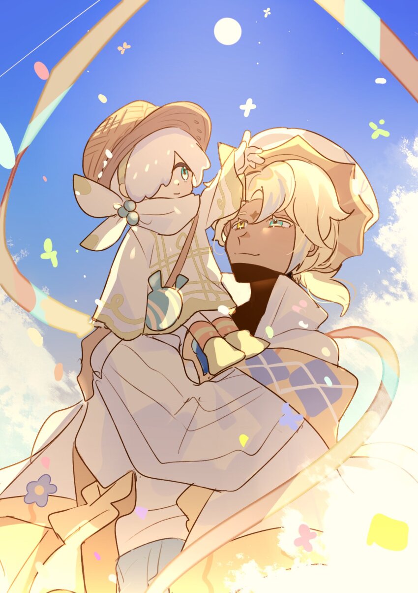 2boys alternate_costume black_undershirt blonde_hair blue_eyes coat cookie_run cookie_run:_kingdom crown_hat duffel_coat facial_mark forehead_mark hair_over_one_eye heterochromia highres humanization multiple_boys official_alternate_costume outdoors ponytail pure_vanilla_cookie pure_vanilla_cookie_(pastel_blue) short_ponytail suikaels white_hair wizard_cookie