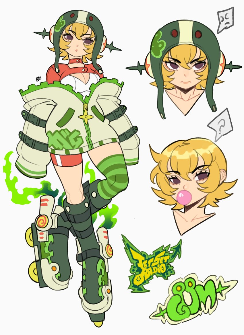 1girl ? absurdres alternate_costume anger_vein bike_shorts blonde_hair blowing_bubble_gum blowing_bubbles boots breasts brown_eyes character_name chewing_gum cleavage commentary copyright_name crossed_legs double-parted_bangs english_commentary eyelashes flipped_hair green_footwear green_helmet green_jacket green_thighhighs gum_(jsr) helmet highres jacket jet_set_radio knee_up lokigun long_sleeves multiple_views no_pupils off_shoulder partially_unzipped red_shorts red_shrug roller_skates shirt short_hair shorts shrug_(clothing) single_thighhigh skates sleeves_past_fingers sleeves_past_wrists small_breasts spoken_anger_vein spoken_question_mark striped_clothes striped_thighhighs thighhighs watson_cross white_background white_shirt zipper zipper_pull_tab