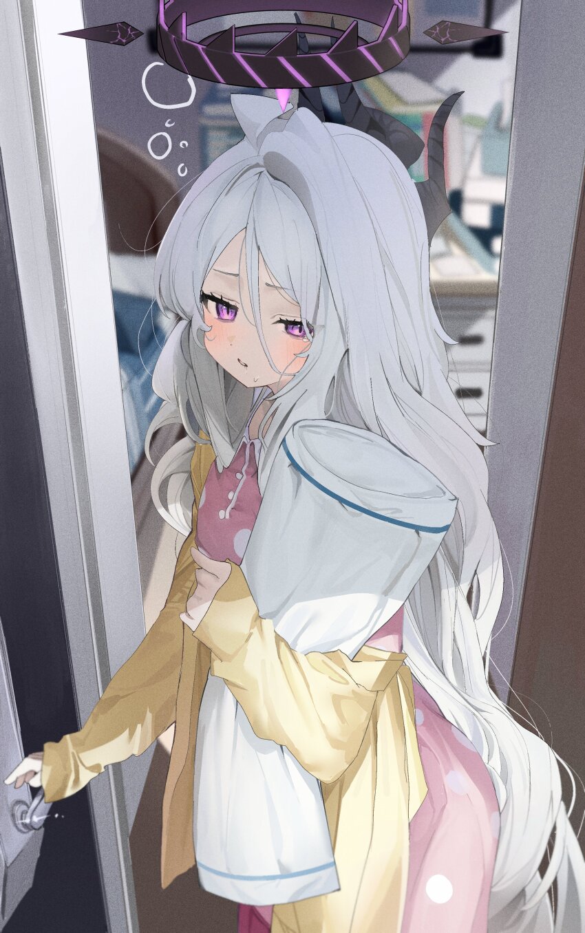 1girl absurdres ahoge bed blue_archive demon_girl demon_horns desk highres hina_(blue_archive) hina_(pajamas)_(blue_archive) horns hugging_object inu_lin jacket long_hair looking_at_viewer pajamas pillow pillow_hug pink_pajamas polka_dot polka_dot_pajamas purple_eyes solo standing white_hair yellow_jacket