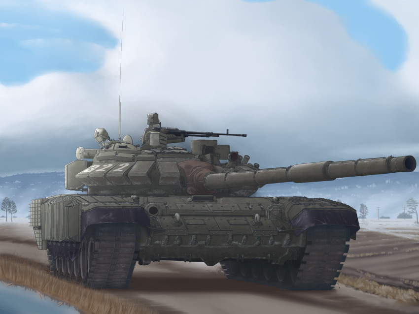 absurdres gun hattorin highres machine_gun military military_vehicle motor_vehicle original reactive_armor russia t-72 tank turret vehicle_focus weapon winter