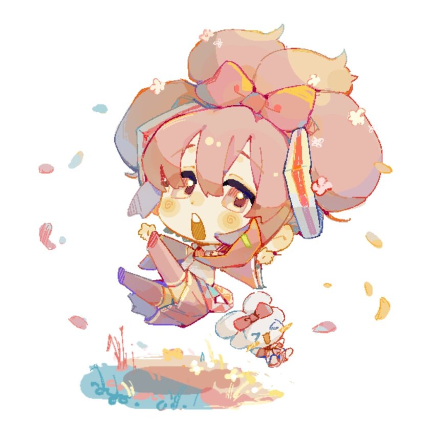 1girl 1other boots bow cinnamiku collared_shirt detached_sleeves eyelashes falling_petals flower grass hair_between_eyes hair_bow hair_flower hair_ornament hatsune_miku headset highres long_hair long_sleeves looking_at_viewer makeup open_mouth petals pink_boots pink_bow pink_eyes pink_flower pink_hair pink_petals pink_skirt pleated_skirt rouge_(makeup) sanrio shirt sidelocks skirt suuroku teeth upper_teeth_only vocaloid white_background white_shirt white_trim