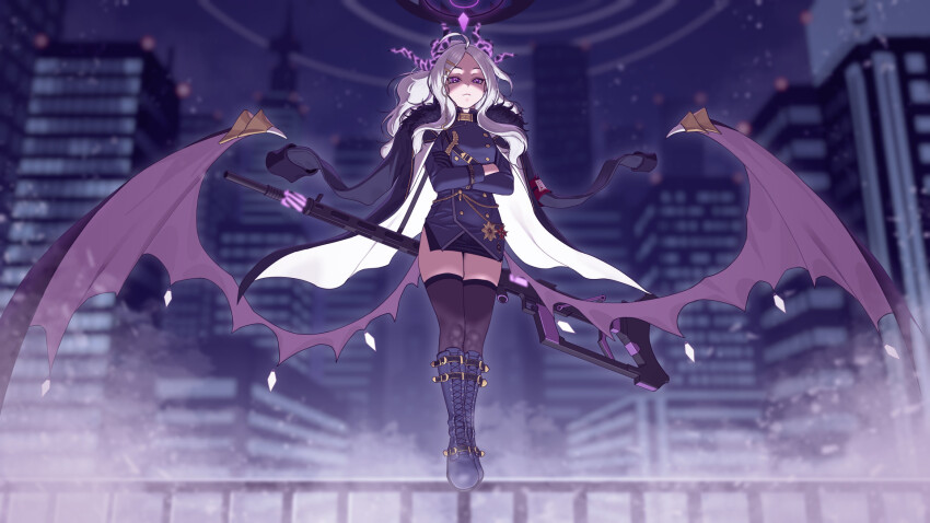 1girl black_coat black_gloves black_halo black_skirt black_thighhighs blue_archive breasts coat coat_on_shoulders demon_girl demon_horns demon_wings full_body gloves gun halo highres hina_(blue_archive) holding holding_gun holding_weapon horns looking_at_viewer lyoung0j machine_gun mg42 purple_eyes skirt small_breasts solo standing thighhighs weapon wings