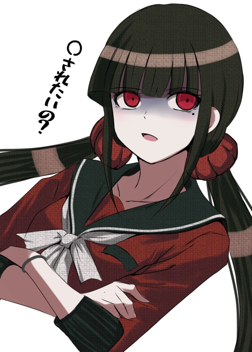 1girl :d black_sailor_collar brown_hair collarbone cropped_torso danganronpa_(series) danganronpa_v3:_killing_harmony hair_ornament hair_scrunchie harukawa_maki highres lelie_(lelie_link) long_hair long_sleeves low_twintails mole mole_under_eye open_mouth red_eyes red_scrunchie red_shirt sailor_collar scrunchie shirt simple_background smile translation_request twintails upper_body white_background