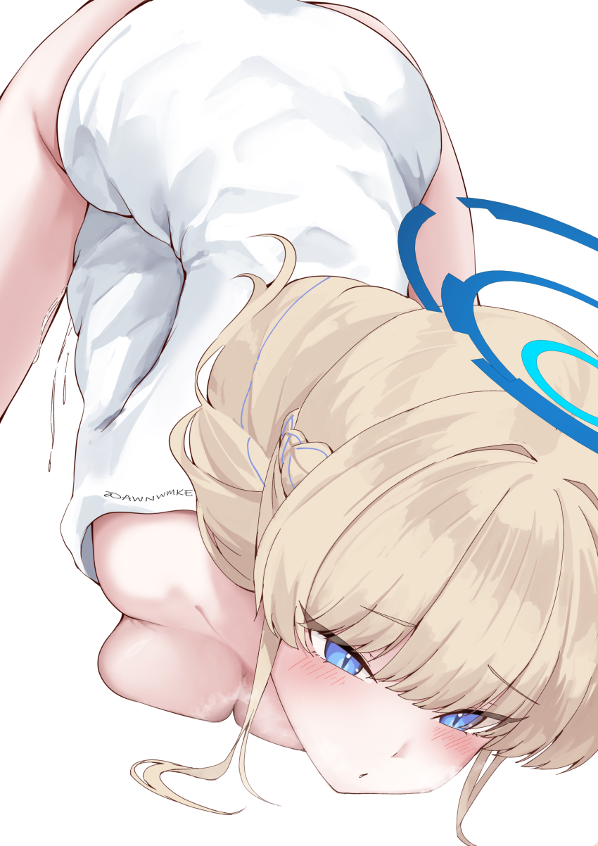 1girl absurdres awnw blue_archive blue_eyes blue_halo blush braid breast_press breasts cleavage commentary_request female_masturbation hair_intakes half_up_braid halo highres long_hair masturbation medium_breasts pussy_juice shirt simple_background solo thighs toki_(blue_archive) top-down_bottom-up white_background white_shirt
