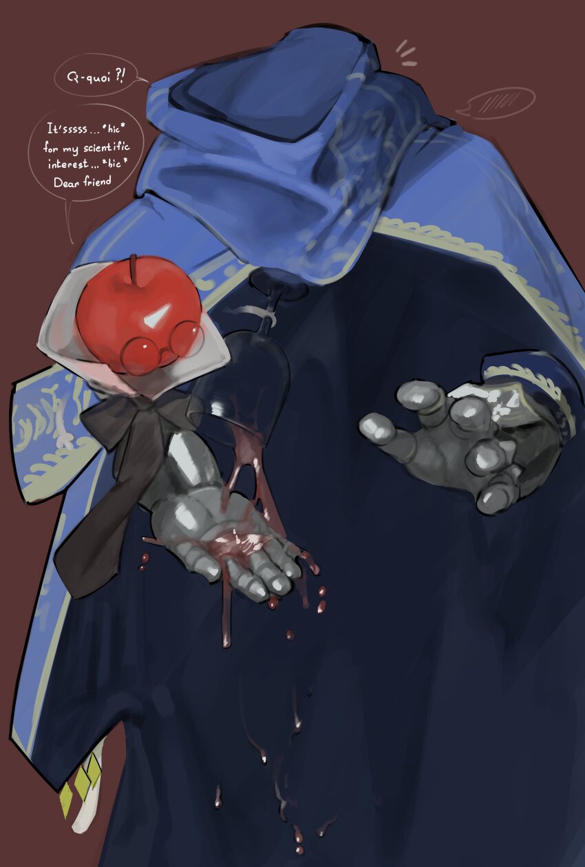 1kogito1 2boys a_knight_(reverse:1999) absurdres alcohol apple apple_(reverse:1999) blue_cape bow bowtie cape commentary cup detached_collar drinking_glass drunk english_commentary english_text floating floating_clothes food french_text fruit gauntlets gloves highres holding holding_cup looking_at_another male_focus multiple_boys no_humans notice_lines pouring_onto_another red_background reverse:1999 round_eyewear speech_bubble spoken_blush translated wine wine_glass
