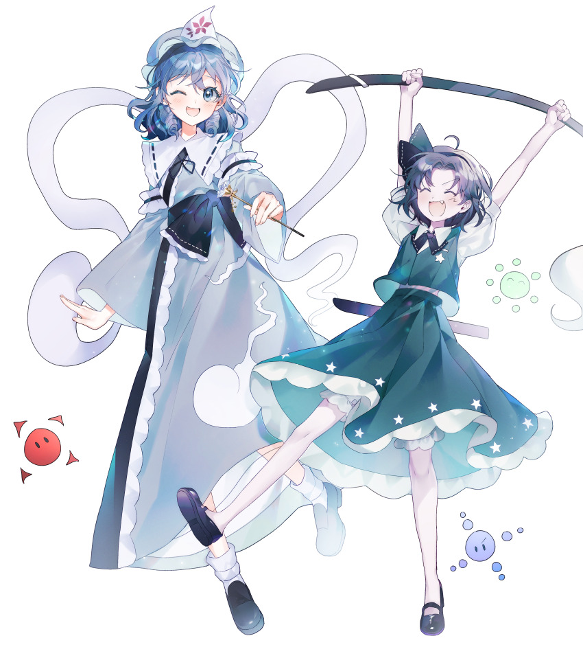 2girls ;d absurdres black_bow black_hairband black_sash bloomers blue_eyes blue_headwear blue_kimono bow closed_eyes cosplay fang frilled_kimono frills ghost ghost_tail green_skirt green_vest grey_hair hairband hat highres holding holding_sword holding_weapon it_po_(sss_cmy) japanese_clothes kaku_seiga katana kimono konpaku_youmu konpaku_youmu_(cosplay) long_sleeves miyako_yoshika mob_cap multiple_girls one_eye_closed open_mouth puffy_short_sleeves puffy_sleeves saigyouji_yuyuko saigyouji_yuyuko_(cosplay) sash shirt short_hair short_sleeves simple_background skirt smile star_(symbol) sword touhou underwear vest weapon white_background white_bloomers white_shirt