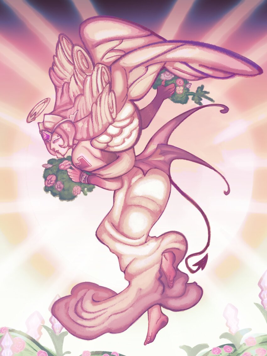 1girl angel angel_wings colored_skin cookie_run cookie_run:_kingdom demon_girl demon_tail demon_wings dress eternal_sugar_cookie highres ipurifiedi long_hair pink_hair pink_skin solo tail very_long_hair white_dress wings
