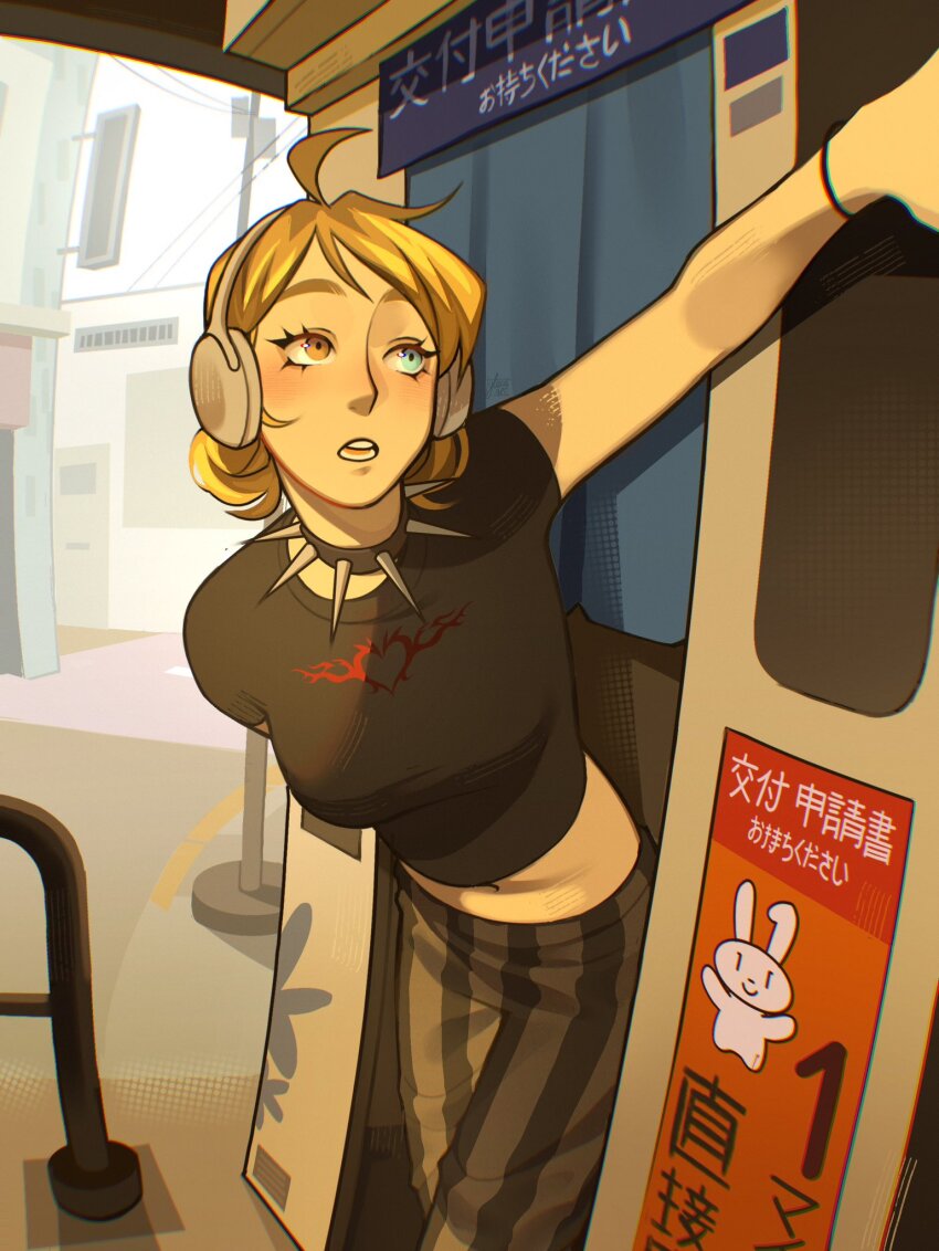 1girl ahoge blonde_hair blue_eyes breasts chromatic_aberration collar commentary english_commentary gluca headphones heterochromia highres medium_breasts medium_hair midriff navel orange_eyes original pants photo-referenced photo_booth shirt solo spiked_collar spikes striped_clothes striped_pants t-shirt translation_request vertical-striped_clothes vertical-striped_pants wireless_headphones wristband