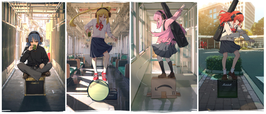 4girls absurdres amplifier bocchi_the_rock! box brick_floor column_lineup commentary dancing drum english_commentary gigbag gotoh_hitori green_tea guitar_case hallway headphones highres ijichi_nijika instrument instrument_case jl_tan kita_ikuyo marshall_amplification mole mole_under_eye multiple_girls on_box outdoors parody photo_background road school_uniform shimokitazawa_high_school_uniform shuka_high_school_uniform snare_drum standing_on_object tea toe train_interior yamada_ryo