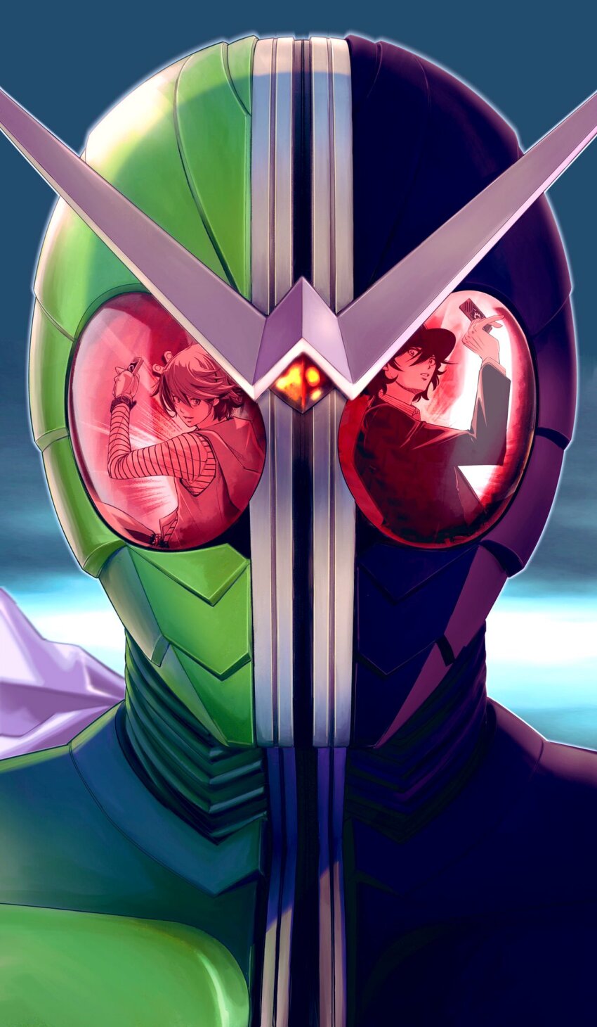 2boys fuuto_tantei gaia_memory hat henshin_pose hidari_shoutarou highres holding hood jacket kamen_rider kamen_rider_double kamen_rider_w long_sleeves looking_at_viewer male_focus multiple_boys official_art philip_(kamen_rider) red_eyes sato_masaki_(masayakofu) scarf shirt short_hair smile zooming_in