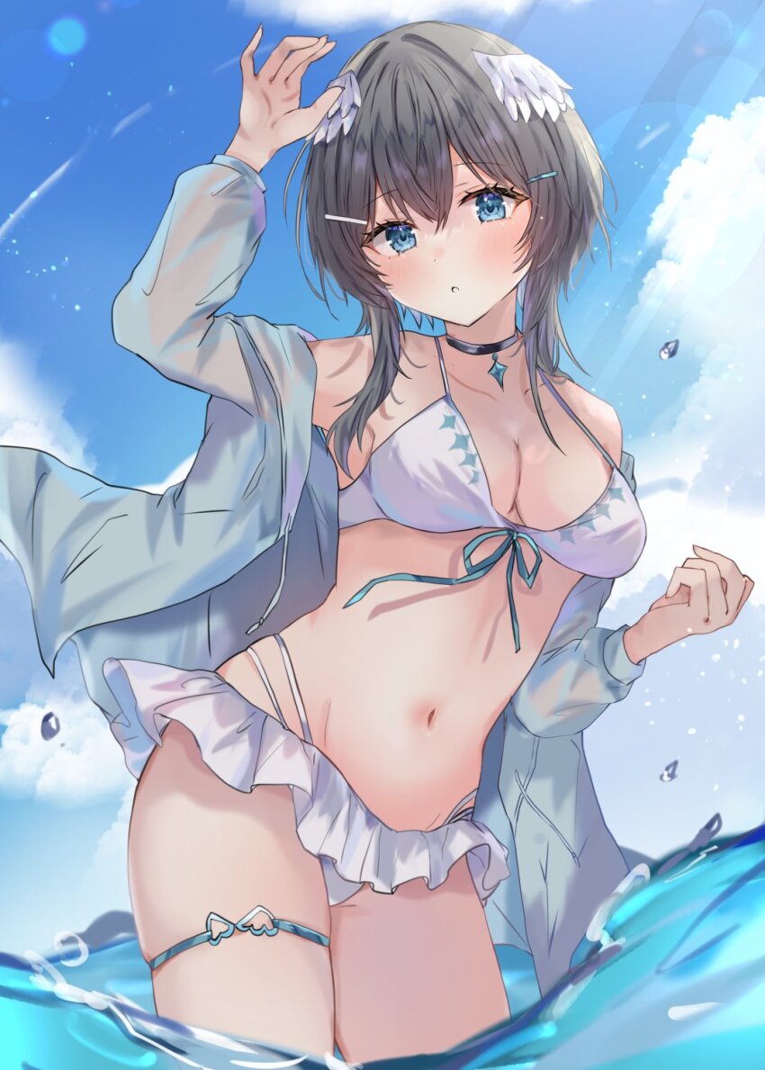 1girl :o arm_up bikini black_choker black_hair blue_eyes blue_jacket blue_sky blush breasts choker cleavage cloud collarbone commentary_request cowboy_shot day feathered_wings frilled_bikini frills front-tie_bikini_top front-tie_top hair_between_eyes hair_ornament hairclip head_wings highres indie_virtual_youtuber jacket kurata_rine_(vtuber) long_hair long_sleeves looking_at_viewer maruro medium_breasts multi-strapped_bikini_bottom off_shoulder open_clothes open_jacket outdoors parted_lips puffy_long_sleeves puffy_sleeves second-party_source sky solo standing swimsuit virtual_youtuber water white_bikini white_wings wings