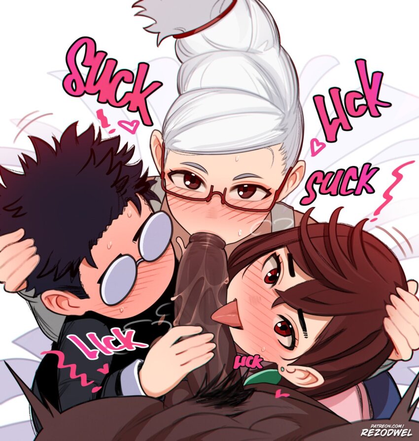 2boys 2girls artist_name ayase_momo ayase_seiko beehive_hairdo bisexual_male black_hair blush both_sexes_in_same_situation brown_hair cooperative_fellatio dandadan dark-skinned_male dark_skin earrings erection fellatio glasses grandmother_and_granddaughter hair_between_eyes hand_on_another&#039;s_head highres interracial jewelry large_penis licking licking_penis long_sleeves looking_at_viewer male_pubic_hair multiple_boys multiple_girls oral penis penis_grab pov pubic_hair red_eyes rezodwel round_eyewear saliva semi-rimless_eyewear takakura_ken_(dandadan) teamwork_(sexual) tongue tongue_out uncensored white_hair yaoi