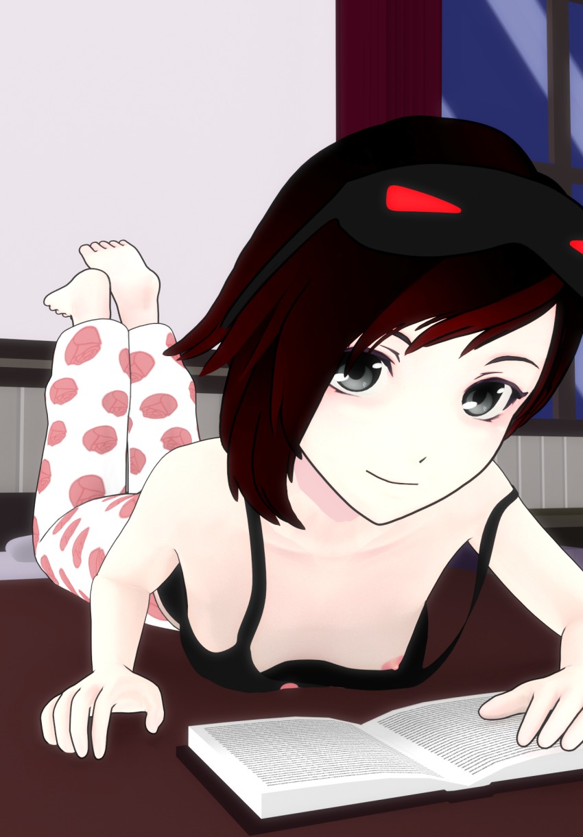 1girl 3d barefoot book breasts camisole downblouse feet grey_eyes highres looking_at_viewer lvl3toaster nipples no_bra pajamas ruby_rose rwby small_breasts smile source_request wardrobe_malfunction